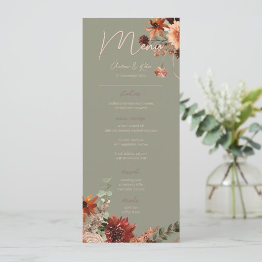 Boho Rust & Neutral Herfst Bloemen Groen Bruiloft Menu (Staand voorkant)