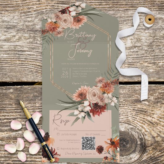 Boho Rust & Neutral Herfst Bloemen Salie Groen QR All In One Uitnodiging