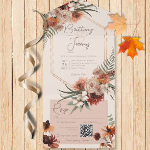 Boho Rust & Neutrale Herfst Floral Cream QR Code All In One Uitnodiging