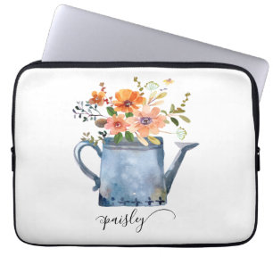 Boho Rust Orange Watercolor Flowers Watering Can Laptop Sleeve