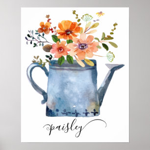 Boho Rust Orange Watercolor Flowers Watering Can Poster