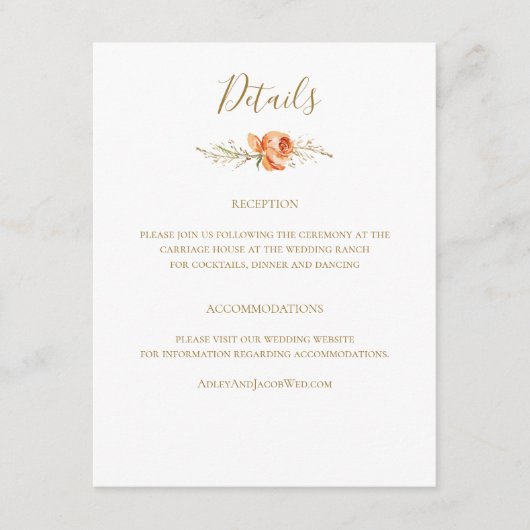 Boho Rust Sinaasappel Floral Wedding Details Card Informatiekaartje (Voorkant)