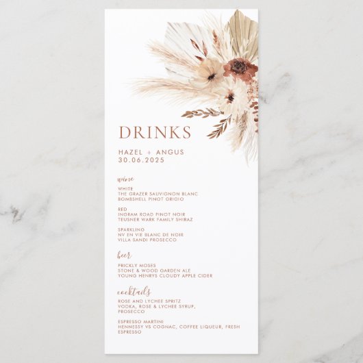Boho Rust Terracotta Pampas Mariage Menu & Boisson (Dos)