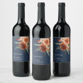 Boho Rust Waterverf Bloemen Navy Blauw Bruiloft Wijn Etiket (Flessen)