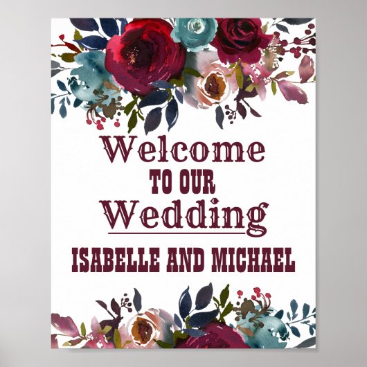 Boho Rustic Bourgogne Floral Mariage Affiche de bi (Devant)