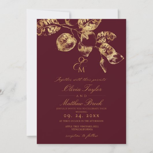 Boho Rustic Bourgogne & Gold Wedding Invitation (Devant)
