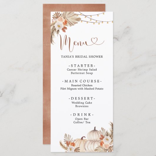 Boho Rustic Citrouille Fall in Love Menu Card (Devant / Derrière)
