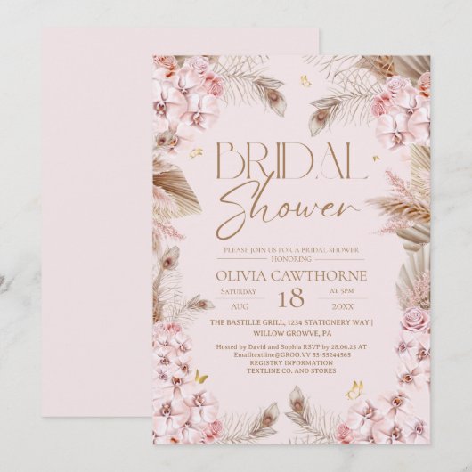 Boho Rustic Dusty Pink Bridal Shower Invitation (Devant / Derrière)