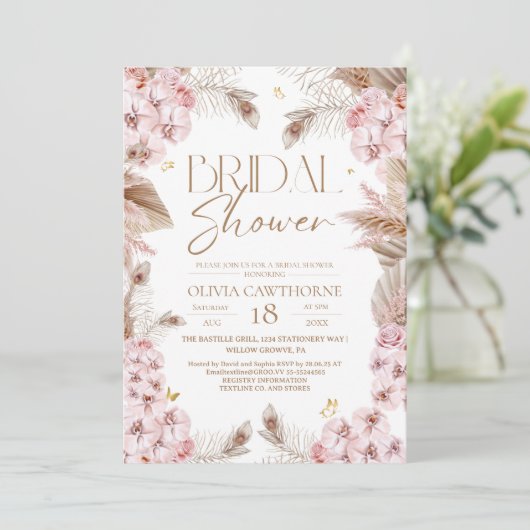Boho Rustic Dusty Pink Bridal Shower Invitation Kaart (Staand voorkant)