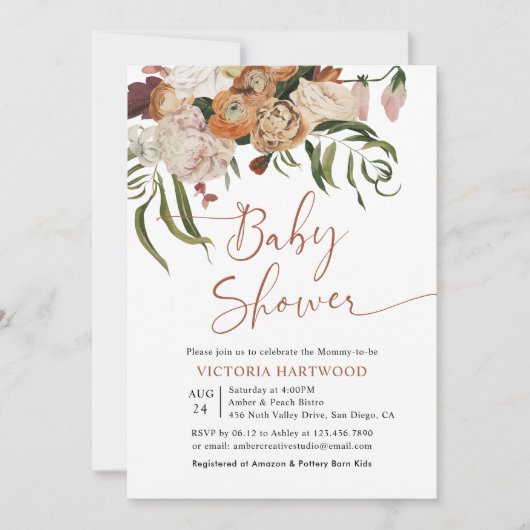Boho Rustic Fall Florals Baby Shower Invitations (Devant)