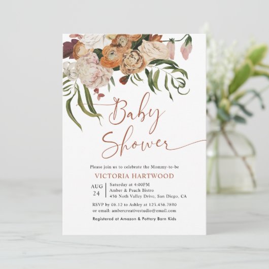 Boho Rustic Fall Florals Baby Shower Invitations (Debout devant)