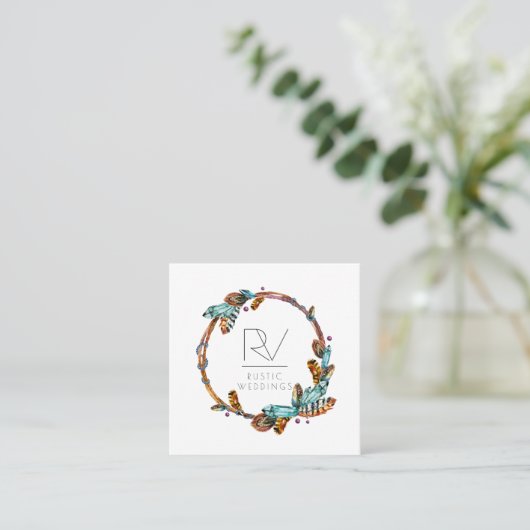 Boho Rustic Feather Wreath Monogram Vierkante Visitekaartje (Staand voorkant)
