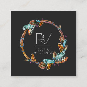 Boho Rustic Feather Wreath Monogram Vierkante Visitekaartje