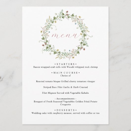 Boho Rustic Fleur sauvage menu Mariage (Devant)