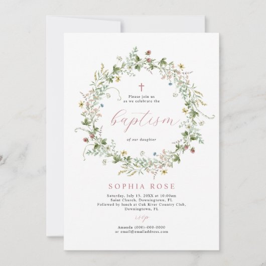 Boho Rustic Fleurs sauvages Baptême Invitation (Devant)