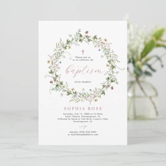 Boho Rustic Fleurs sauvages Baptême Invitation (Debout devant)