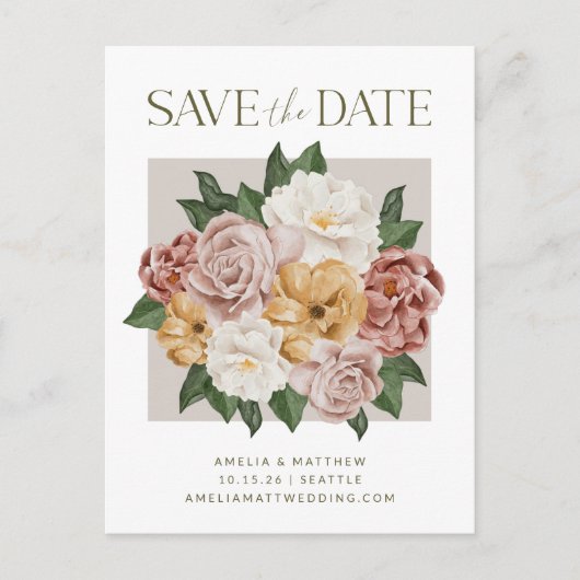 Boho Rustic Floral Bouquet Elegant redt de datum Briefkaart (Voorkant)