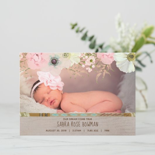 Boho Rustic Floral Feather Geboorteaankondiging Aankondiging (Staand voorkant)