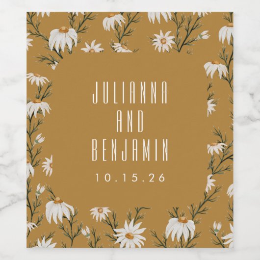 Boho Rustic Floral Mustard Yellow Wedding Custom Wijn Etiket (Enkel label)