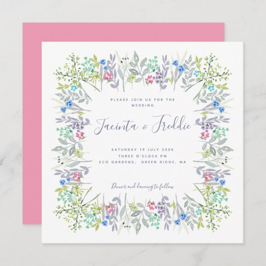 Boho rustic floral waterverf cornflower Wedding Kaart (Voorkant / Achterkant)