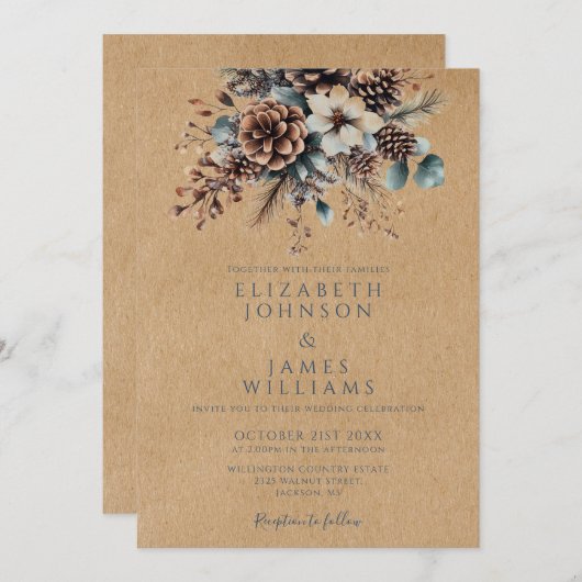 Boho Rustic Kraft Floral Pinecone Wedding Kaart (Voorkant / Achterkant)