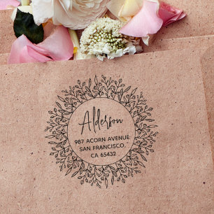 Boho Rustic Laurel Foliage Circular Return Address Rubberstempel