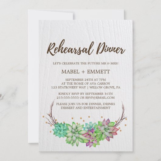 Boho Rustic Mint Floral Succulent Rehearsal Dinner Kaart (Voorkant)