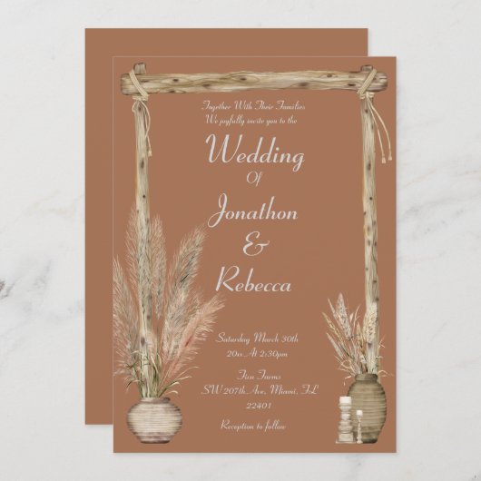 Boho Rustic Pampas Earthy Mariage Brown Invitation (Devant / Derrière)