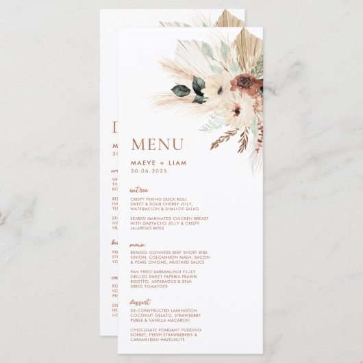 Boho Rustic Pampas Floral Mariage Menu & Boissons (Devant / Derrière)