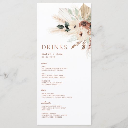 Boho Rustic Pampas Floral Wedding Menu & Drinken (Achterkant)