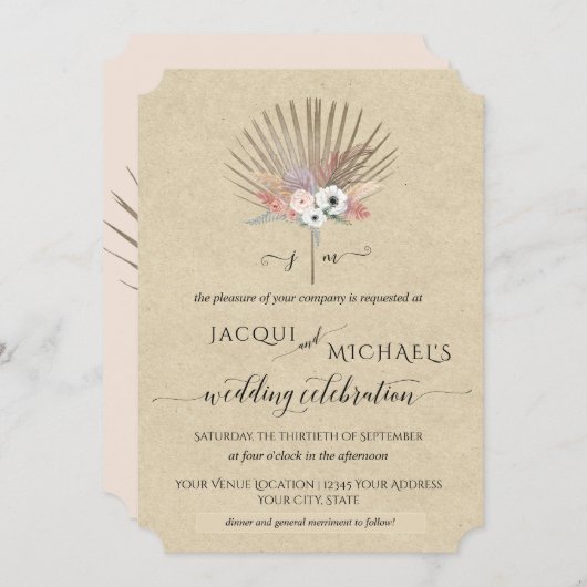 BOHO Rustic Pampas Grass Tropical Monogram Bloemen Kaart (Voorkant / Achterkant)