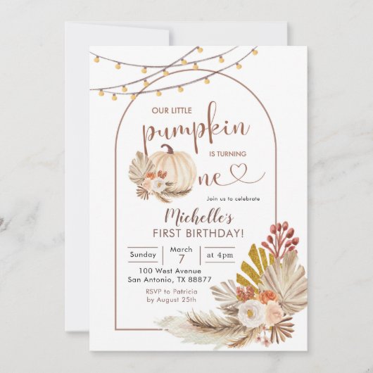 Boho Rustic Pampas Grass White Pumpkin Birthday Kaart (Voorkant)