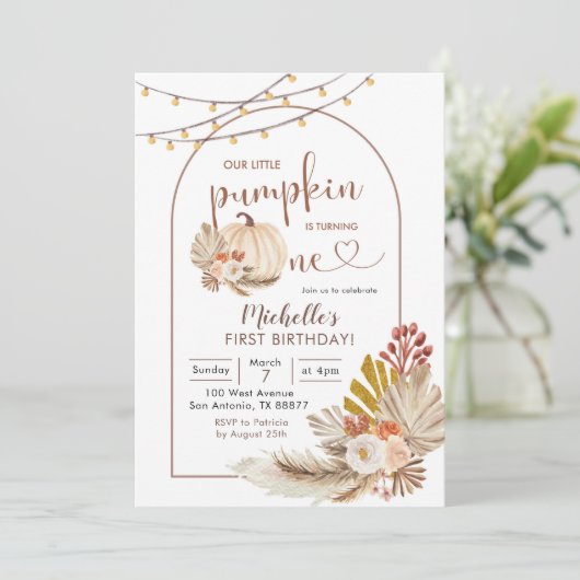 Boho Rustic Pampas Grass White Pumpkin Birthday Kaart (Staand voorkant)
