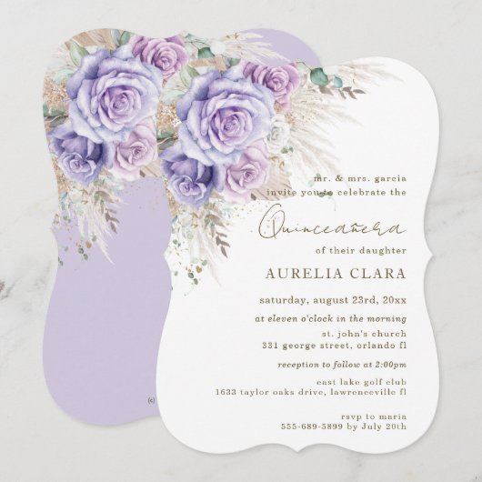 Boho Rustic Pampas Paarse Floral Quinceañera Kaart (Voorkant / Achterkant)