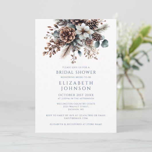 Boho Rustic Pinecone Floral QR Code Vrijgezellenfe Kaart (Staand voorkant)