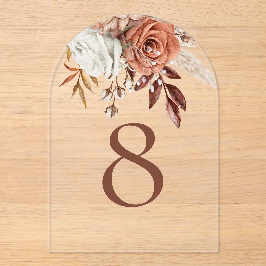 Boho Rustic Terracotta Bloemen Trouwtafel Nummer Acryl Uitnodigingen (Voorkant)