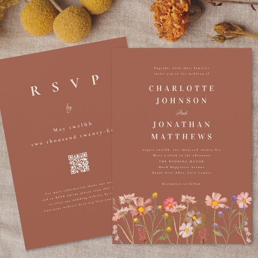 Boho Rustic Wildflower Terracotta Beige Wedding Kaart