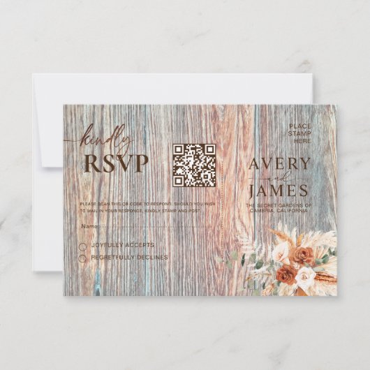 Boho Rustic Wood Grain QR Code RSVP Card (Devant)