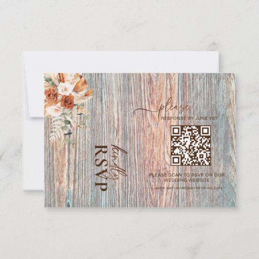Boho Rustic Wood Grain QR Code RSVP Card (Dos)