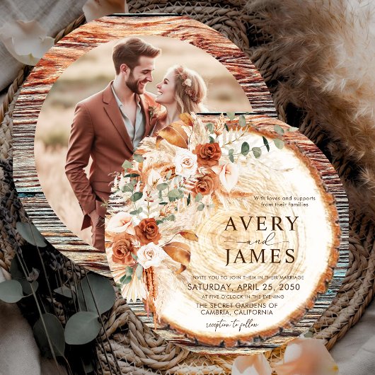 Boho Rustic Wood Slice Wedding Invitation – Pampas