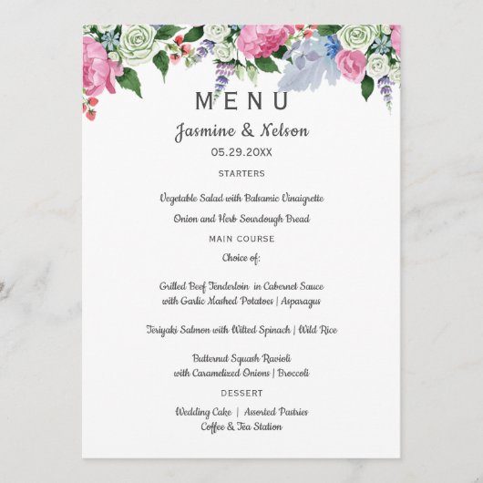 Boho rustiek roze lavendel bloemen Bruiloft of Fee Menu (Voorkant)