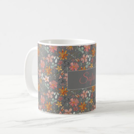Boho rustiek sinaasappel waterverf bloempatroon gr koffiemok (Voorkant links)