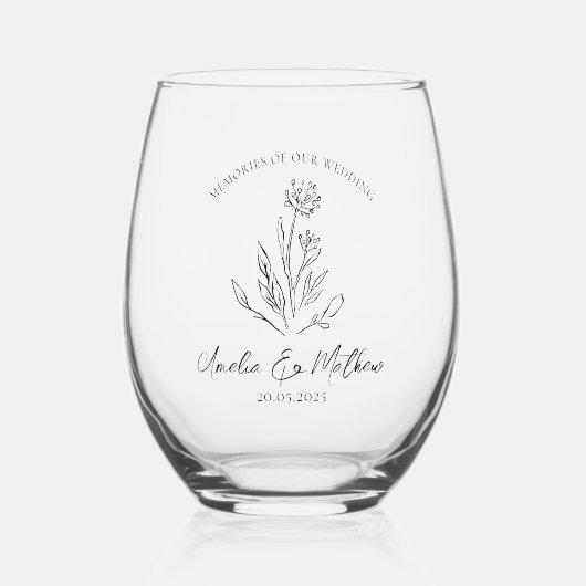 Boho Rustieke Bloemige Eucalyptus Trouwherinnering Wijnglas Zonder Voet (Voorkant)