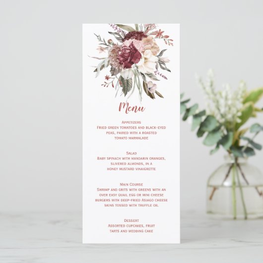 Boho rustieke terracotta perzik marsala bruiloft M Menu (Staand voorkant)