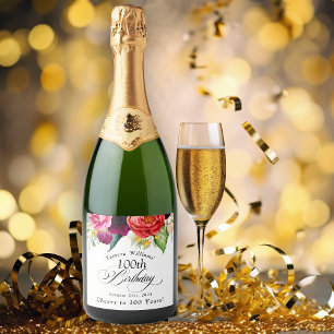 Boho rustieke Waterverf Bloemen 100e Verjaardag Sparkling Wijnetiket