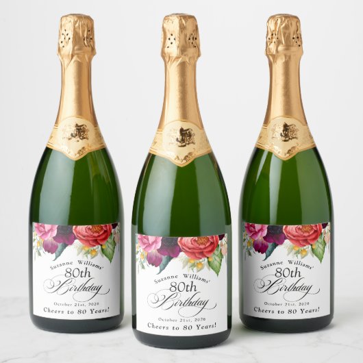 Boho rustieke Waterverf Bloemen 80e Verjaardag Sparkling Wijnetiket (Flessen)