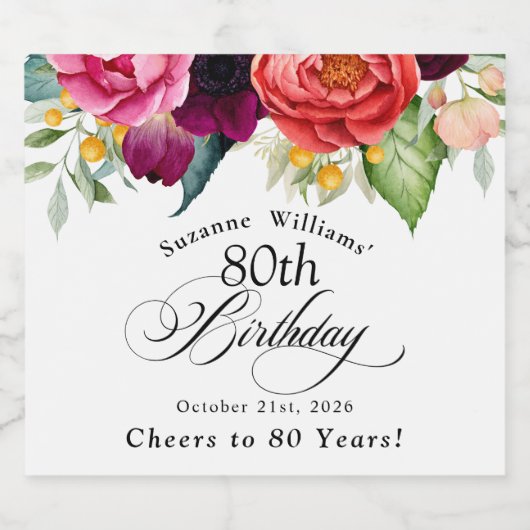 Boho rustieke Waterverf Bloemen 80e Verjaardag Sparkling Wijnetiket (Enkel label)