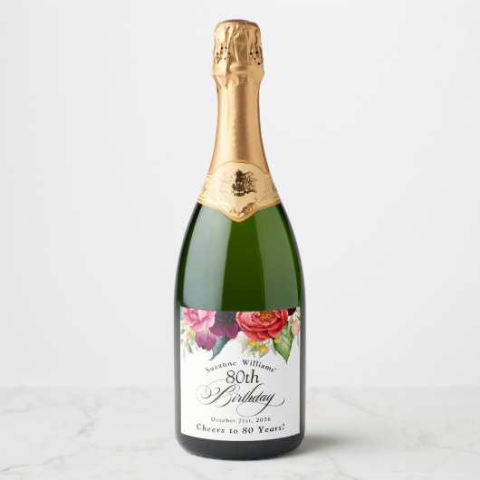 Boho rustieke Waterverf Bloemen 80e Verjaardag Sparkling Wijnetiket (Voorkant)