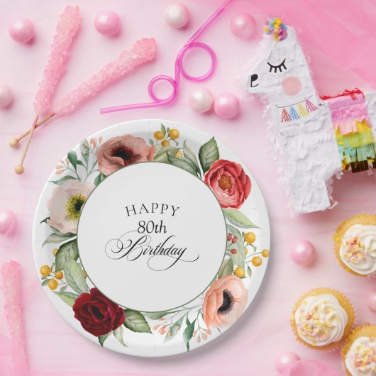 Boho rustieke Waterverf Bloemen 80ste verjaardagsf Papieren Bordje (Feest)