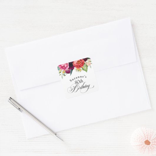 Boho rustieke Waterverf Bloemen 80ste verjaardagsf Vierkante Sticker (Envelop)